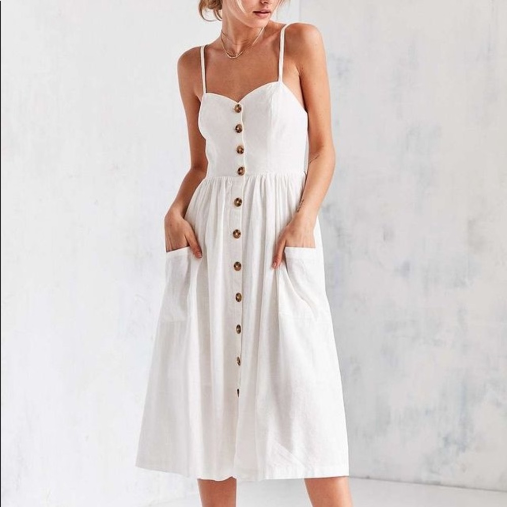 UO Emilia Linen Button-Down Dress in White